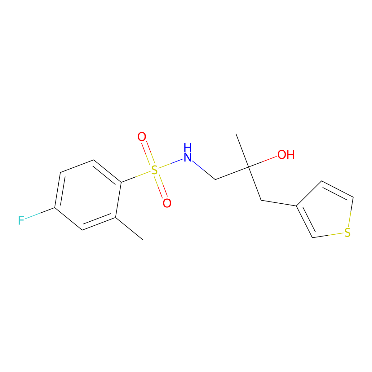 4-fluoro-N-{2-hydroxy-2-[(thiophen-3-yl)methyl]propyl}-2-methylbenzene-1-sulfonamide molecular structure, CAS 2097920-57-3