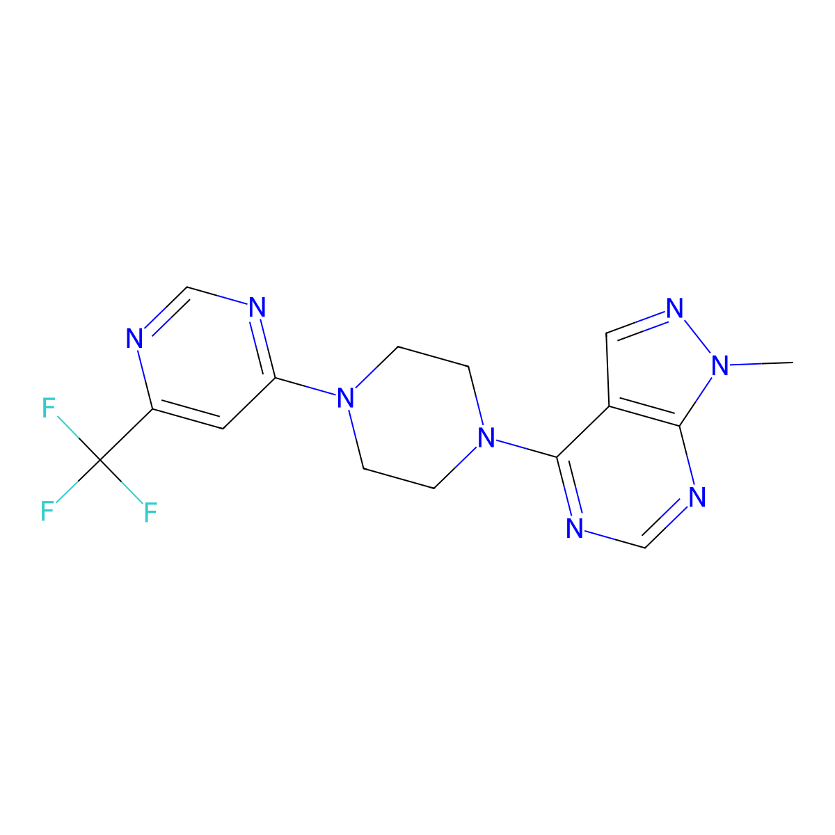 4-(4-{1-methyl-1H-pyrazolo[3,4-d]pyrimidin-4-yl}piperazin-1-yl)-6-(trifluoromethyl)pyrimidine molecular structure, CAS 2097920-92-6