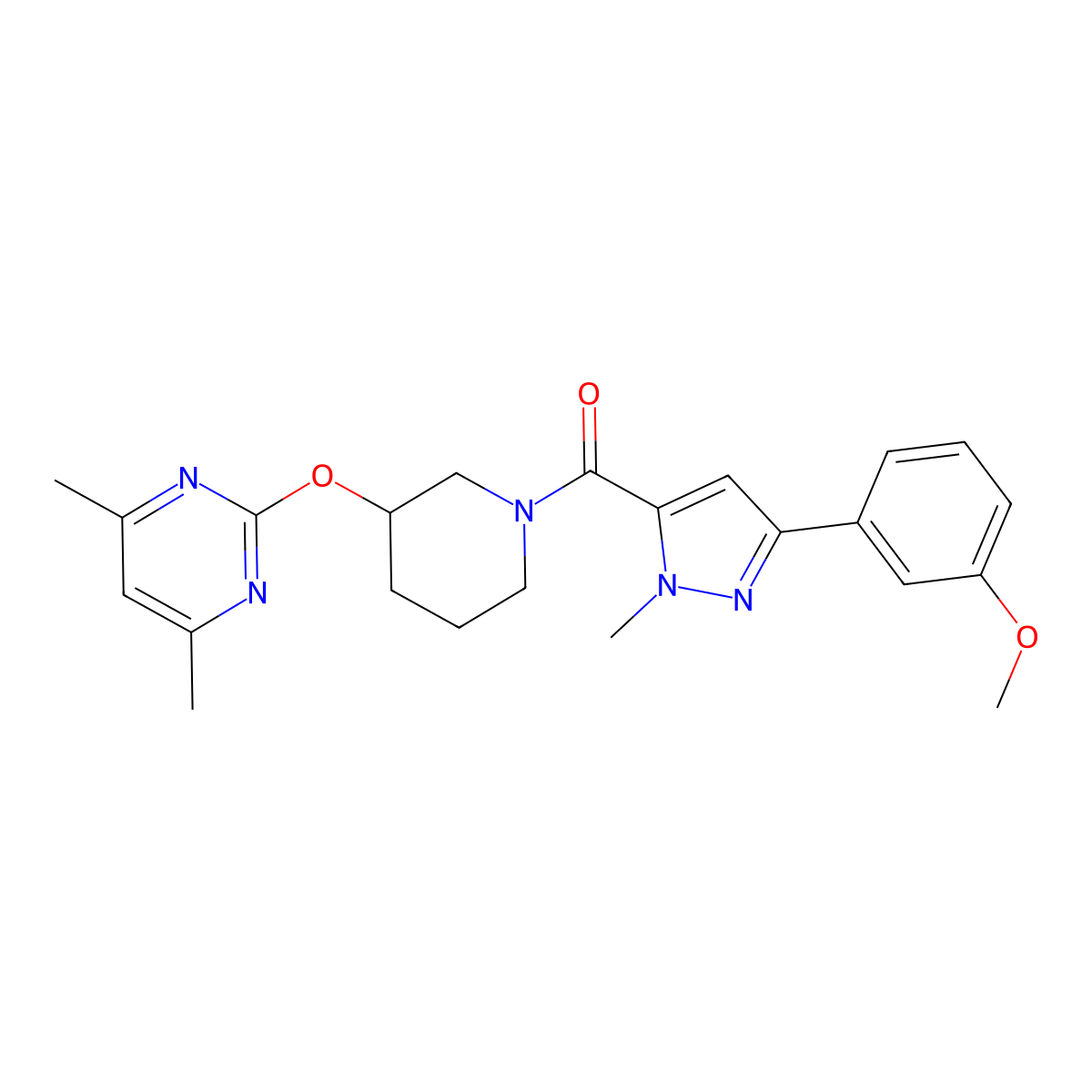 (3-((4,6-dimethylpyrimidin-2-yl)oxy)piperidin-1-yl)(3-(3-methoxyphenyl)-1-methyl-1H-pyrazol-5-yl)methanone molecular structure, CAS 2097920-97-1