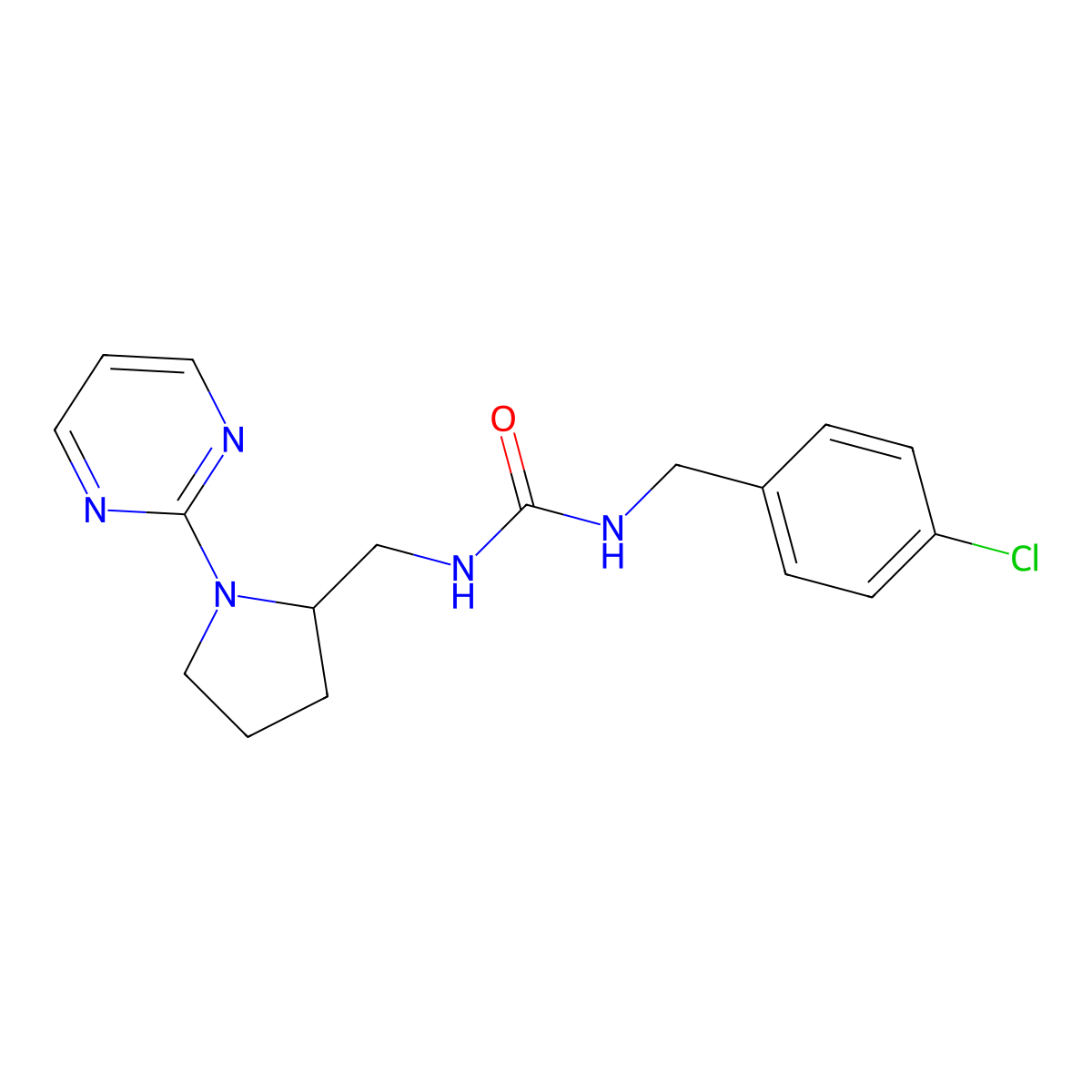 1-[(4-Chlorophenyl)methyl]-3-{[1-(pyrimidin-2-yl)pyrrolidin-2-yl]methyl}urea molecular structure, CAS 2097920-99-3