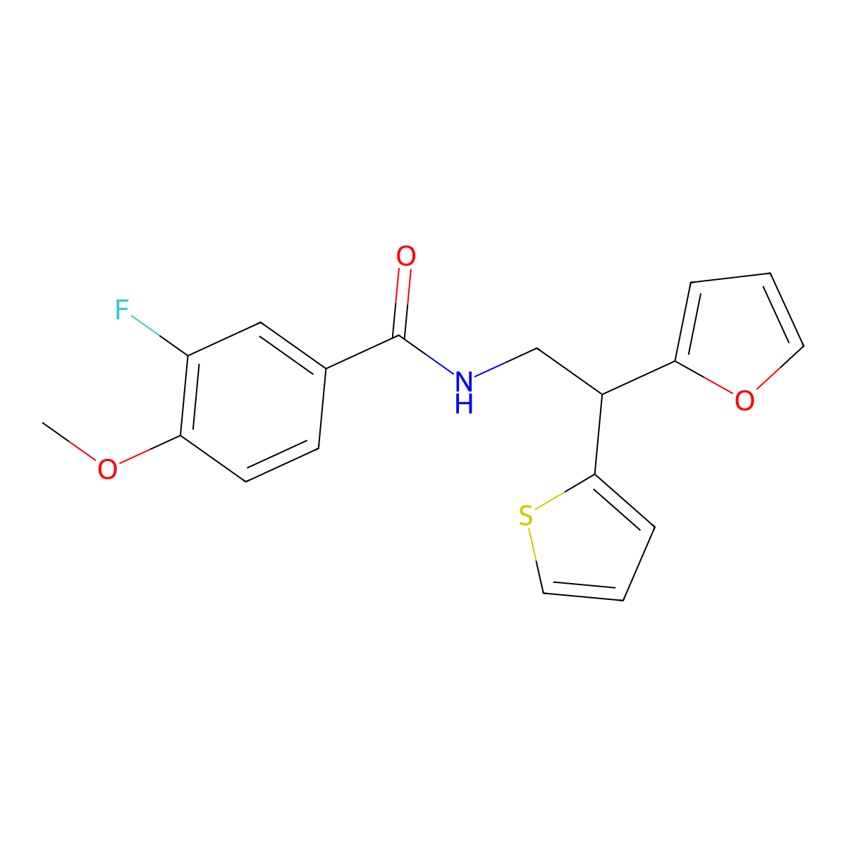 3-fluoro-N-[2-(furan-2-yl)-2-(thiophen-2-yl)ethyl]-4-methoxybenzamide molecular structure, CAS 2097921-01-0