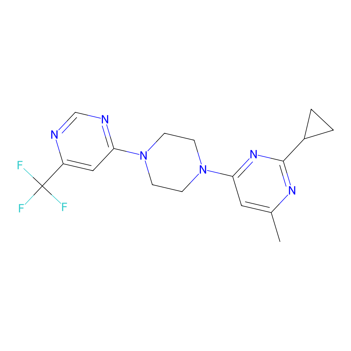 2-Cyclopropyl-4-methyl-6-{4-[6-(trifluoromethyl)pyrimidin-4-yl]piperazin-1-yl}pyrimidine molecular structure, CAS 2097921-02-1