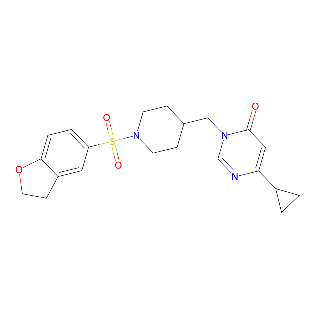 6-Cyclopropyl-3-{[1-(2,3-dihydro-1-benzofuran-5-sulfonyl)piperidin-4-yl]methyl}-3,4-dihydropyrimidin-4-one molecular structure, CAS 2097921-30-5