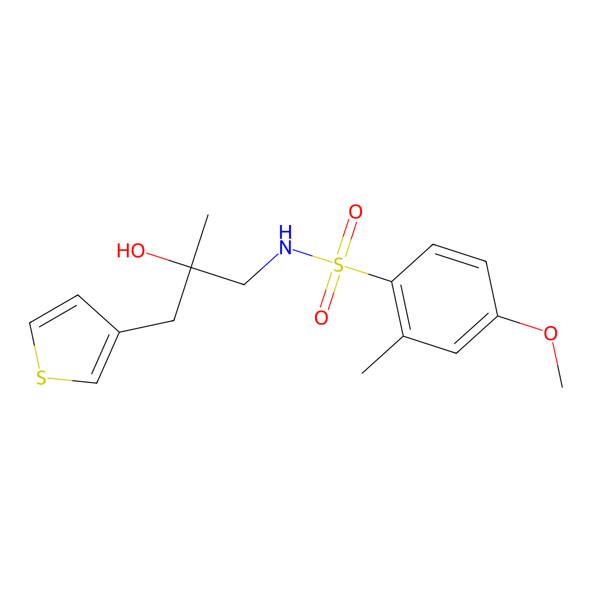 N-{2-hydroxy-2-[(thiophen-3-yl)methyl]propyl}-4-methoxy-2-methylbenzene-1-sulfonamide molecular structure, CAS 2097921-44-1