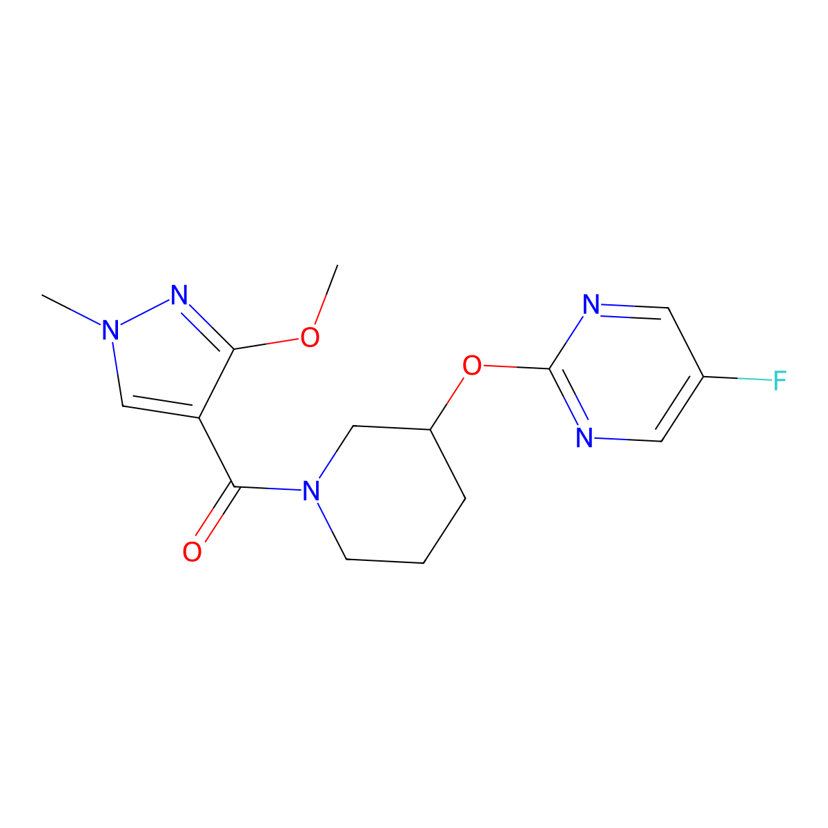 (3-((5-fluoropyrimidin-2-yl)oxy)piperidin-1-yl)(3-methoxy-1-methyl-1H-pyrazol-4-yl)methanone molecular structure, CAS 2097921-48-5