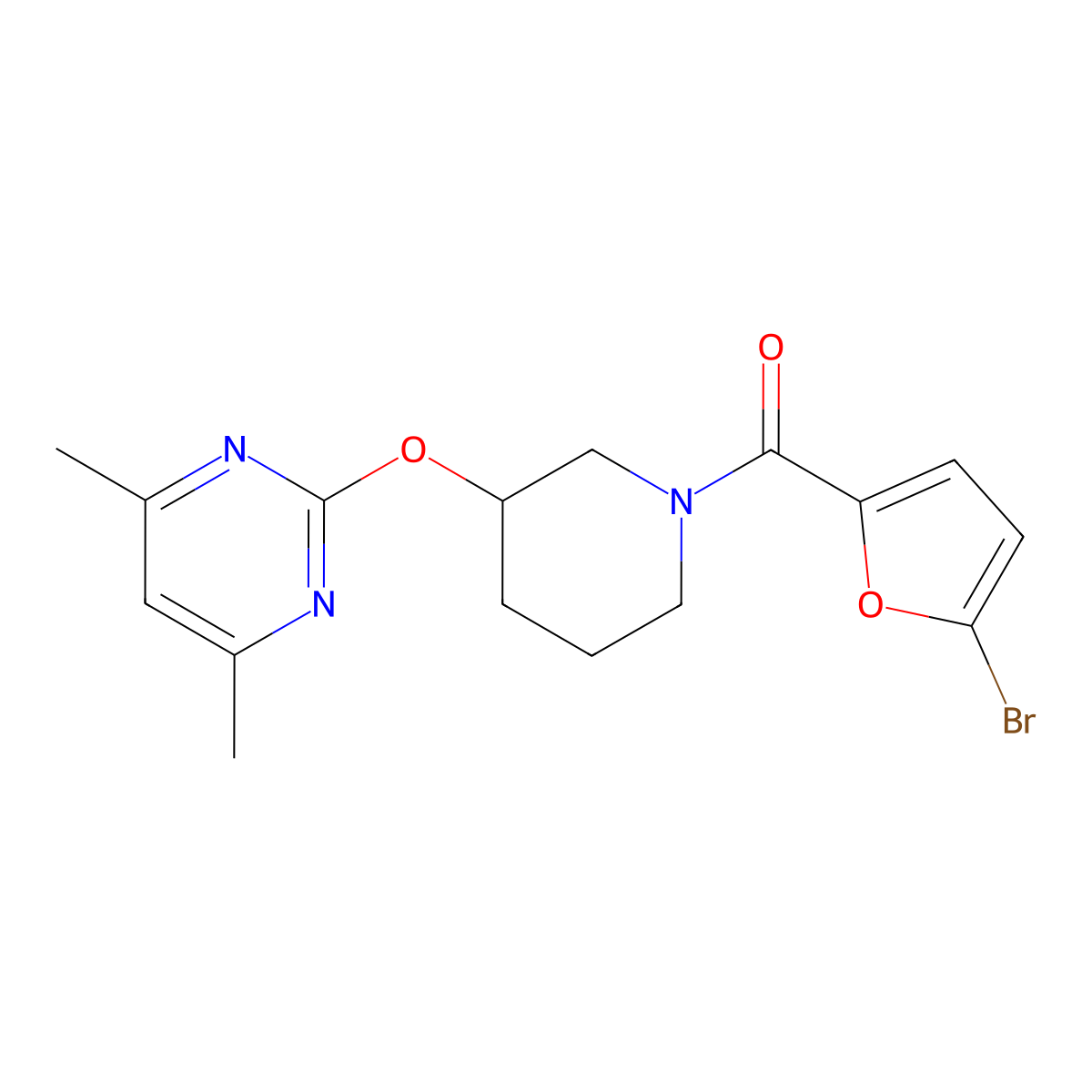 (5-Bromofuran-2-yl)(3-((4,6-dimethylpyrimidin-2-yl)oxy)piperidin-1-yl)methanone molecular structure, CAS 2097921-53-2