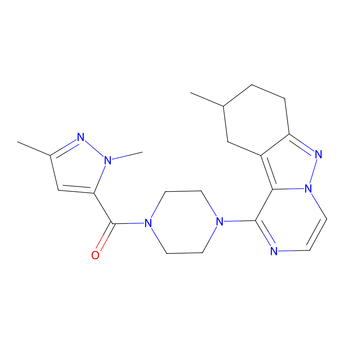 1-(1,3-dimethyl-1H-pyrazole-5-carbonyl)-4-{9-methyl-7H,8H,9H,10H-pyrazino[1,2-b]indazol-1-yl}piperazine molecular structure, CAS 2097921-57-6