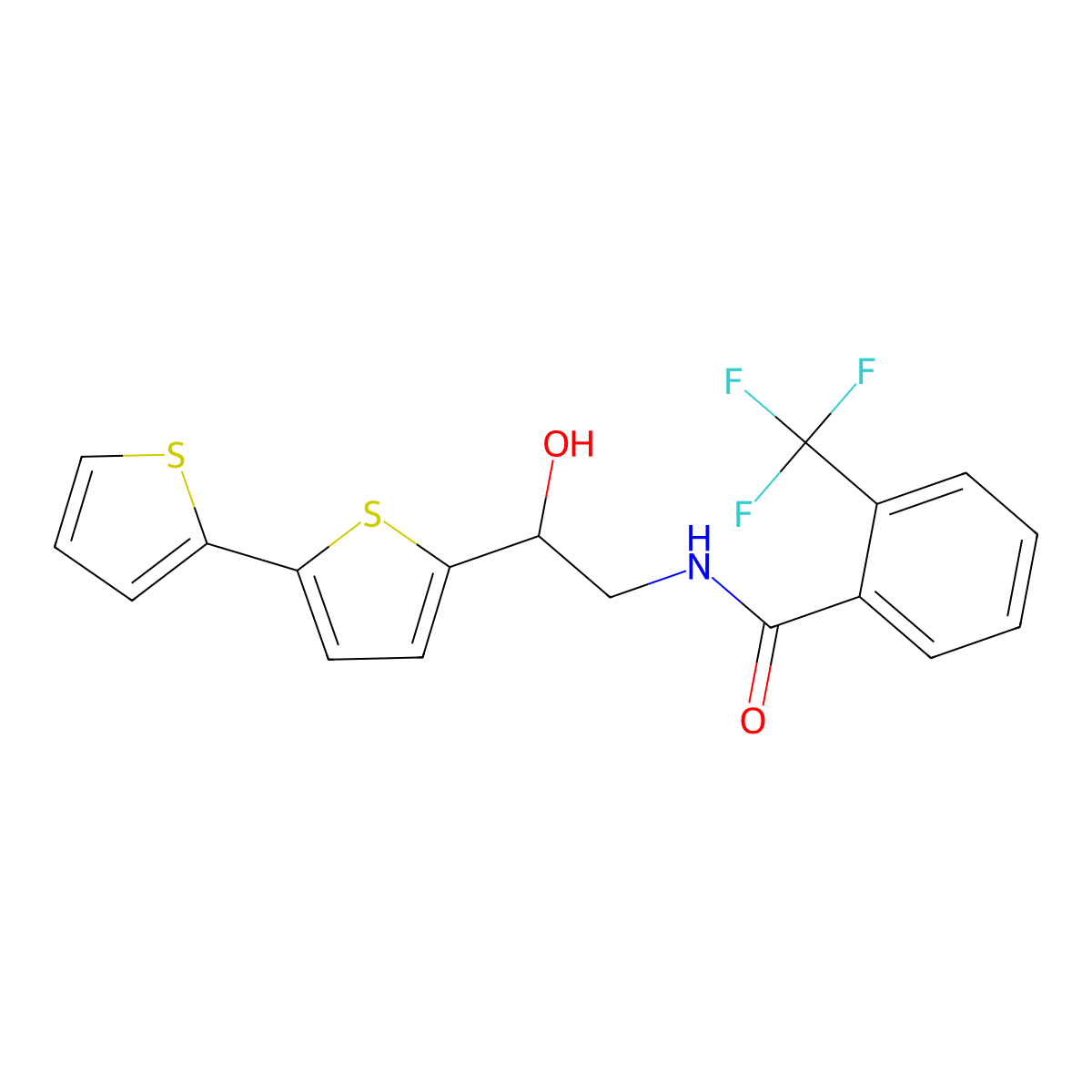 N-(2-{[2,2'-bithiophene]-5-yl}-2-hydroxyethyl)-2-(trifluoromethyl)benzamide molecular structure, CAS 2097921-60-1