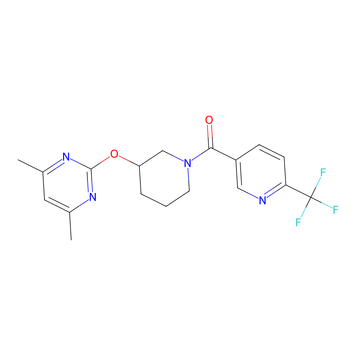 (3-((4,6-Dimethylpyrimidin-2-yl)oxy)piperidin-1-yl)(6-(trifluoromethyl)pyridin-3-yl)methanone molecular structure, CAS 2097921-65-6