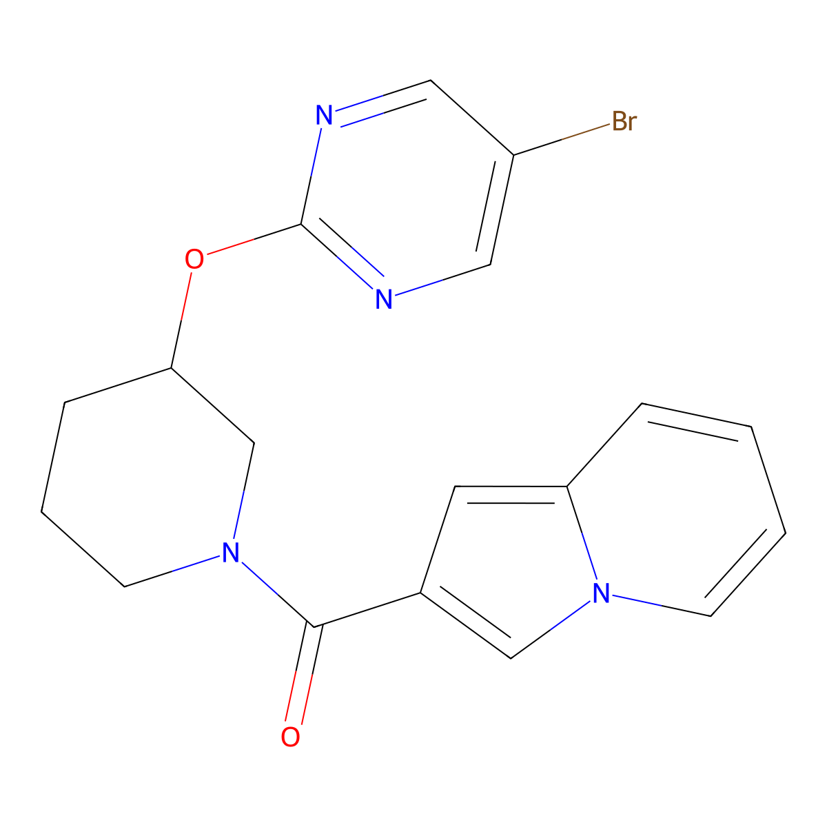 (3-((5-Bromopyrimidin-2-yl)oxy)piperidin-1-yl)(indolizin-2-yl)methanone molecular structure, CAS 2097921-69-0