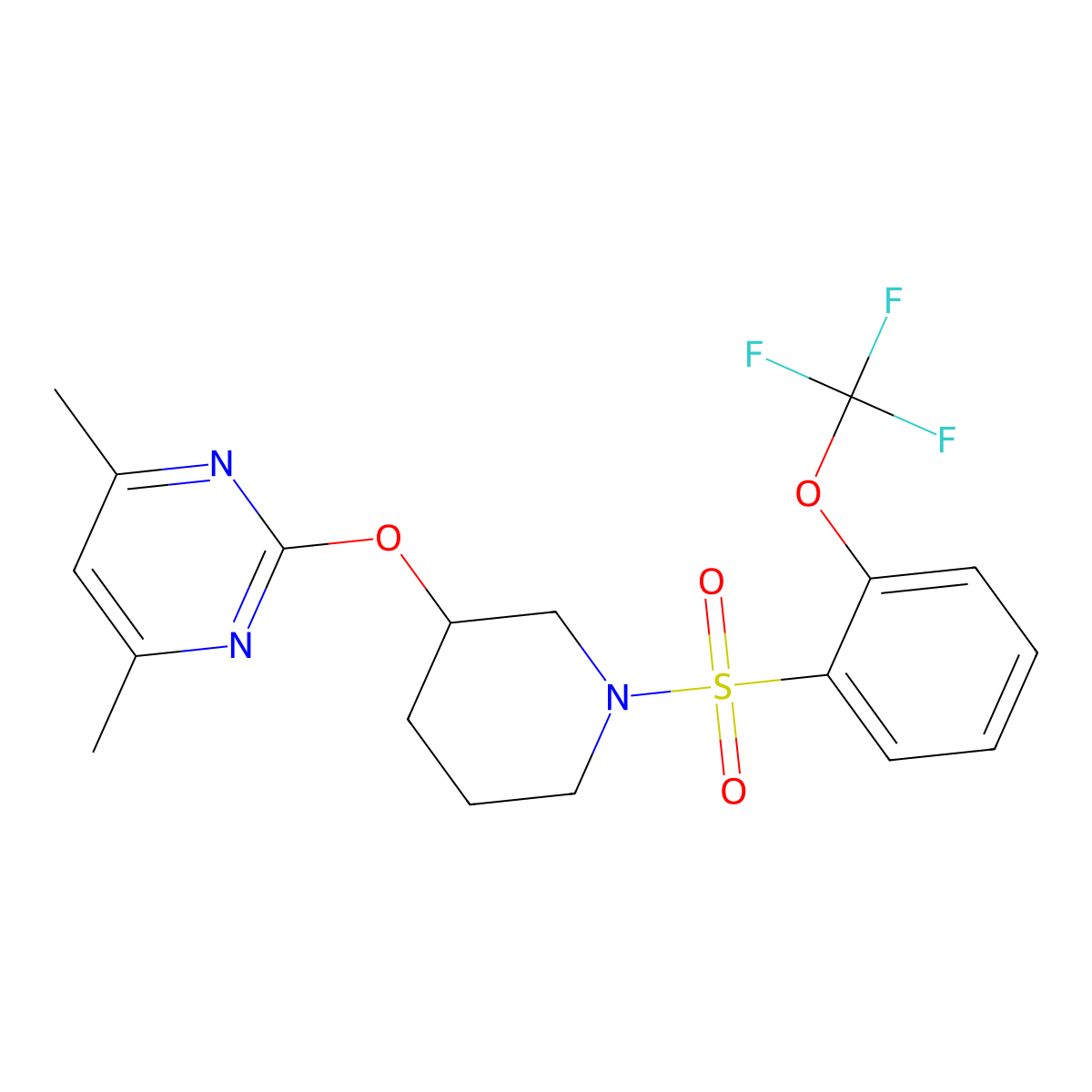 4,6-Dimethyl-2-((1-((2-(trifluoromethoxy)phenyl)sulfonyl)piperidin-3-yl)oxy)pyrimidine molecular structure, CAS 2097921-73-6