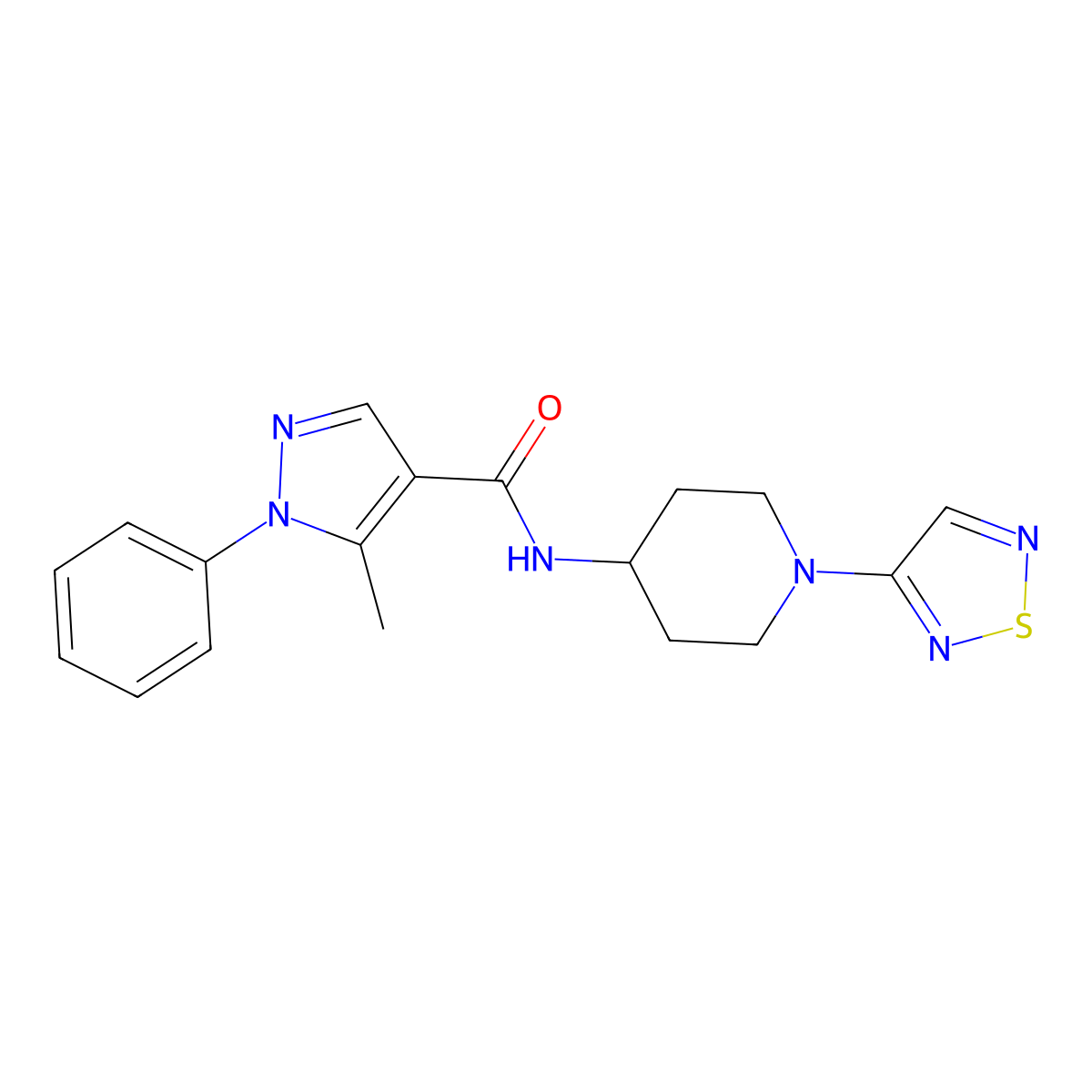 5-methyl-1-phenyl-N-[1-(1,2,5-thiadiazol-3-yl)piperidin-4-yl]-1H-pyrazole-4-carboxamide molecular structure, CAS 2097921-92-9
