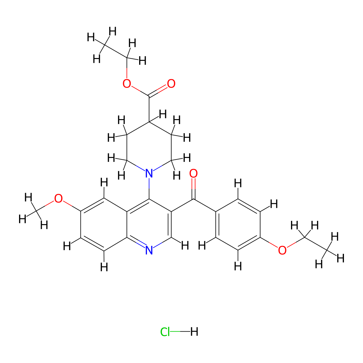 Ethyl 1-[3-(4-ethoxybenzoyl)-6-methoxyquinolin-4-yl]piperidine-4-carboxylate hydrochloride molecular structure, CAS 2097922-20-6