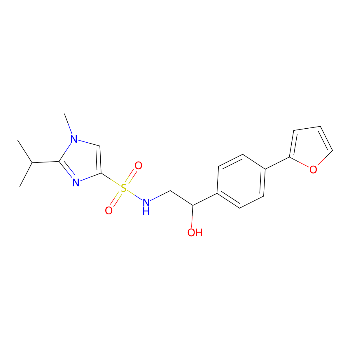 2-[4-(furan-2-yl)phenyl]-2-hydroxy-S-[1-methyl-2-(propan-2-yl)-1H-imidazol-4-yl]ethane-1-sulfonamido molecular structure, CAS 2097922-49-9