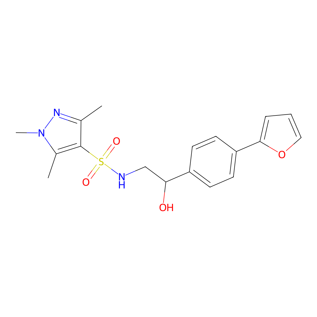 2-[4-(furan-2-yl)phenyl]-2-hydroxy-S-(1,3,5-trimethyl-1H-pyrazol-4-yl)ethane-1-sulfonamido molecular structure, CAS 2097922-56-8