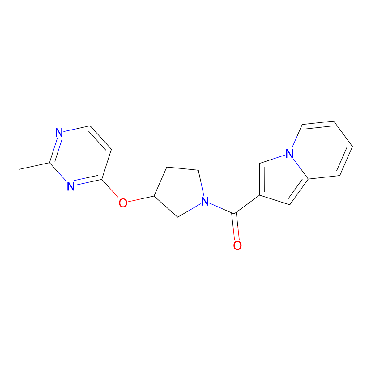 2-{3-[(2-Methylpyrimidin-4-yl)oxy]pyrrolidine-1-carbonyl}indolizine molecular structure, CAS 2097922-63-7