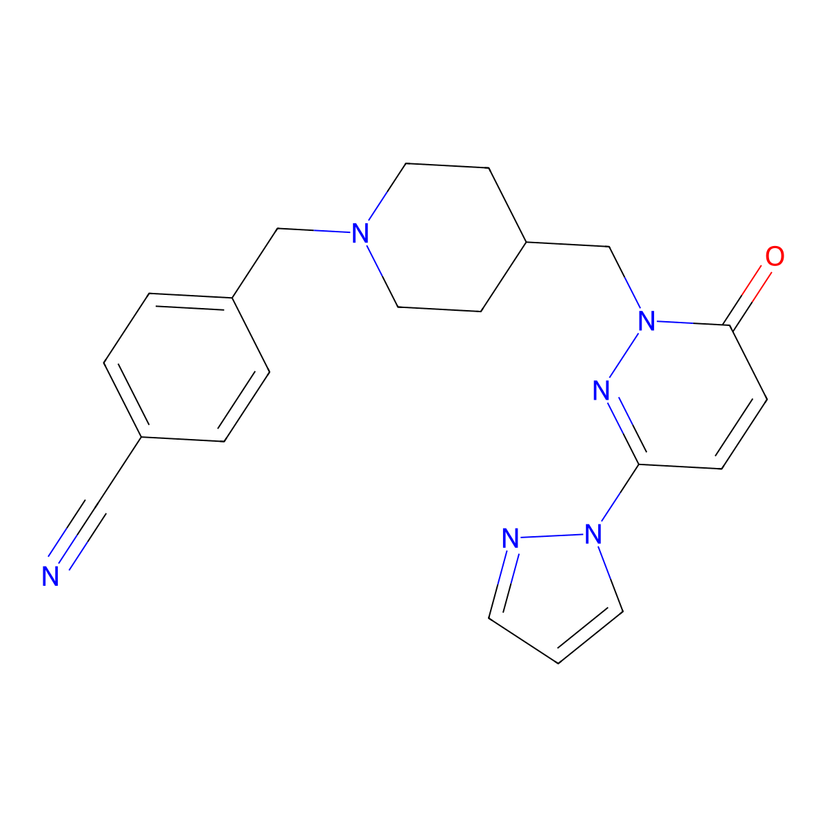 4-[(4-{[6-oxo-3-(1H-pyrazol-1-yl)-1,6-dihydropyridazin-1-yl]methyl}piperidin-1-yl)methyl]benzonitrile molecular structure, CAS 2097922-79-5