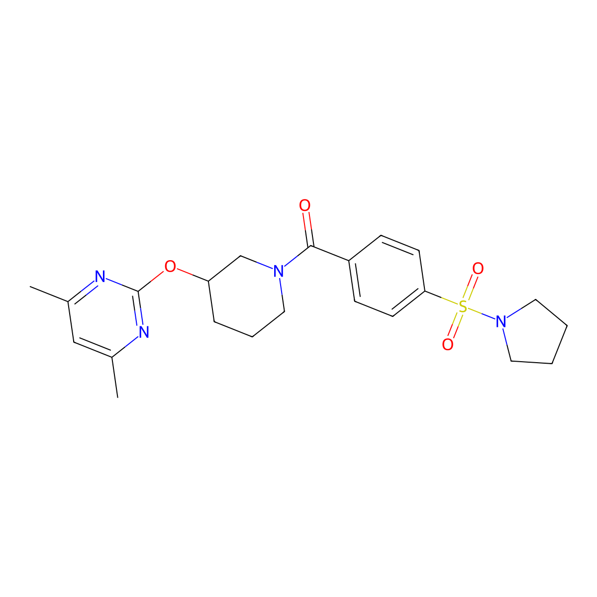 (3-((4,6-Dimethylpyrimidin-2-yl)oxy)piperidin-1-yl)(4-(pyrrolidin-1-ylsulfonyl)phenyl)methanone molecular structure, CAS 2097922-90-0
