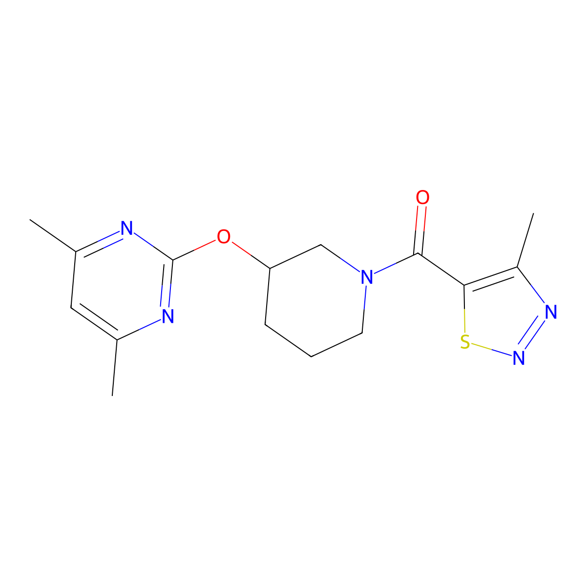 (3-((4,6-Dimethylpyrimidin-2-yl)oxy)piperidin-1-yl)(4-methyl-1,2,3-thiadiazol-5-yl)methanone molecular structure, CAS 2097922-95-5