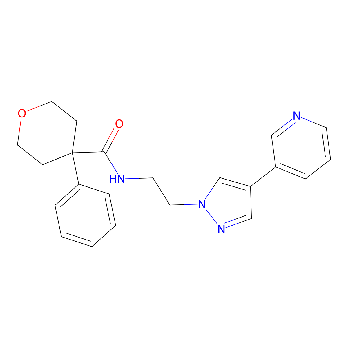 4-phenyl-N-{2-[4-(pyridin-3-yl)-1H-pyrazol-1-yl]ethyl}oxane-4-carboxamide molecular structure, CAS 2097923-08-3