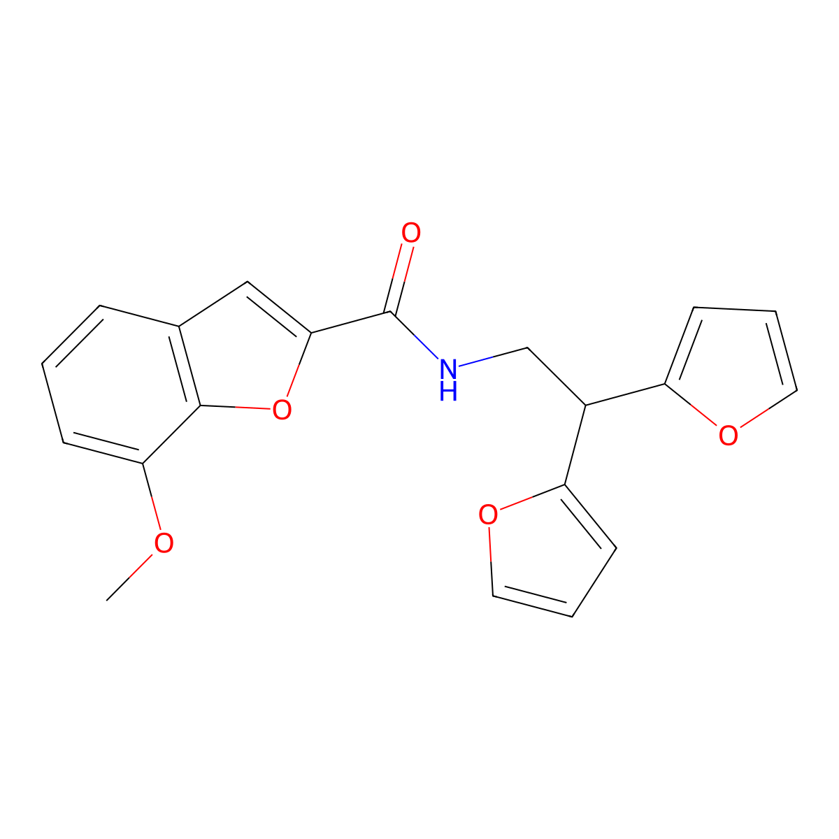 N-[2,2-bis(furan-2-yl)ethyl]-7-methoxy-1-benzofuran-2-carboxamide molecular structure, CAS 2097923-39-0