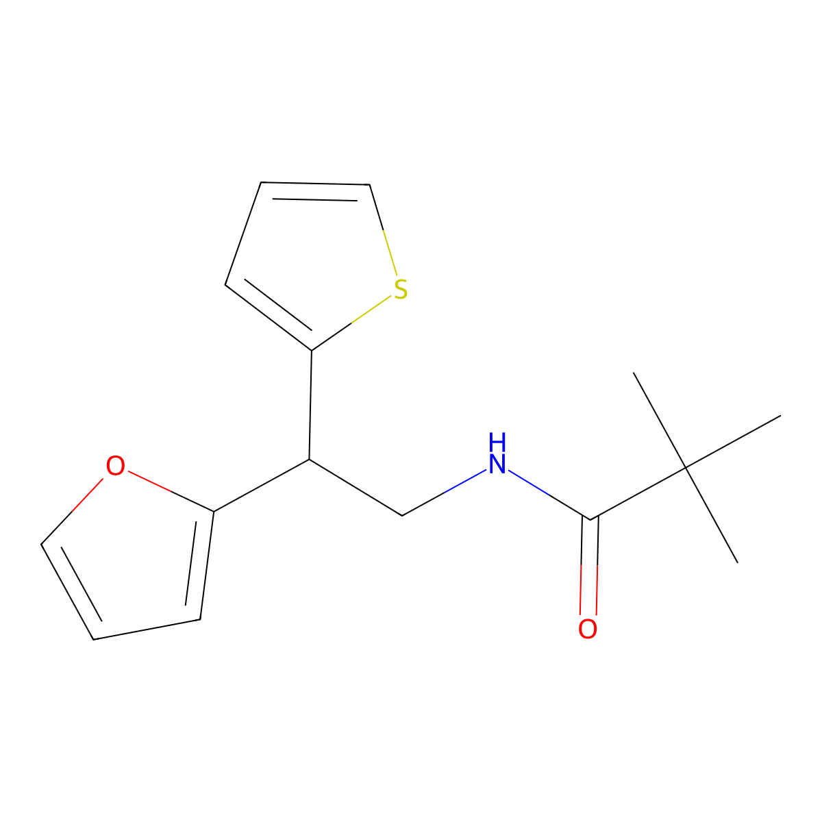 N-[2-(furan-2-yl)-2-(thiophen-2-yl)ethyl]-2,2-dimethylpropanamide molecular structure, CAS 2097923-44-7