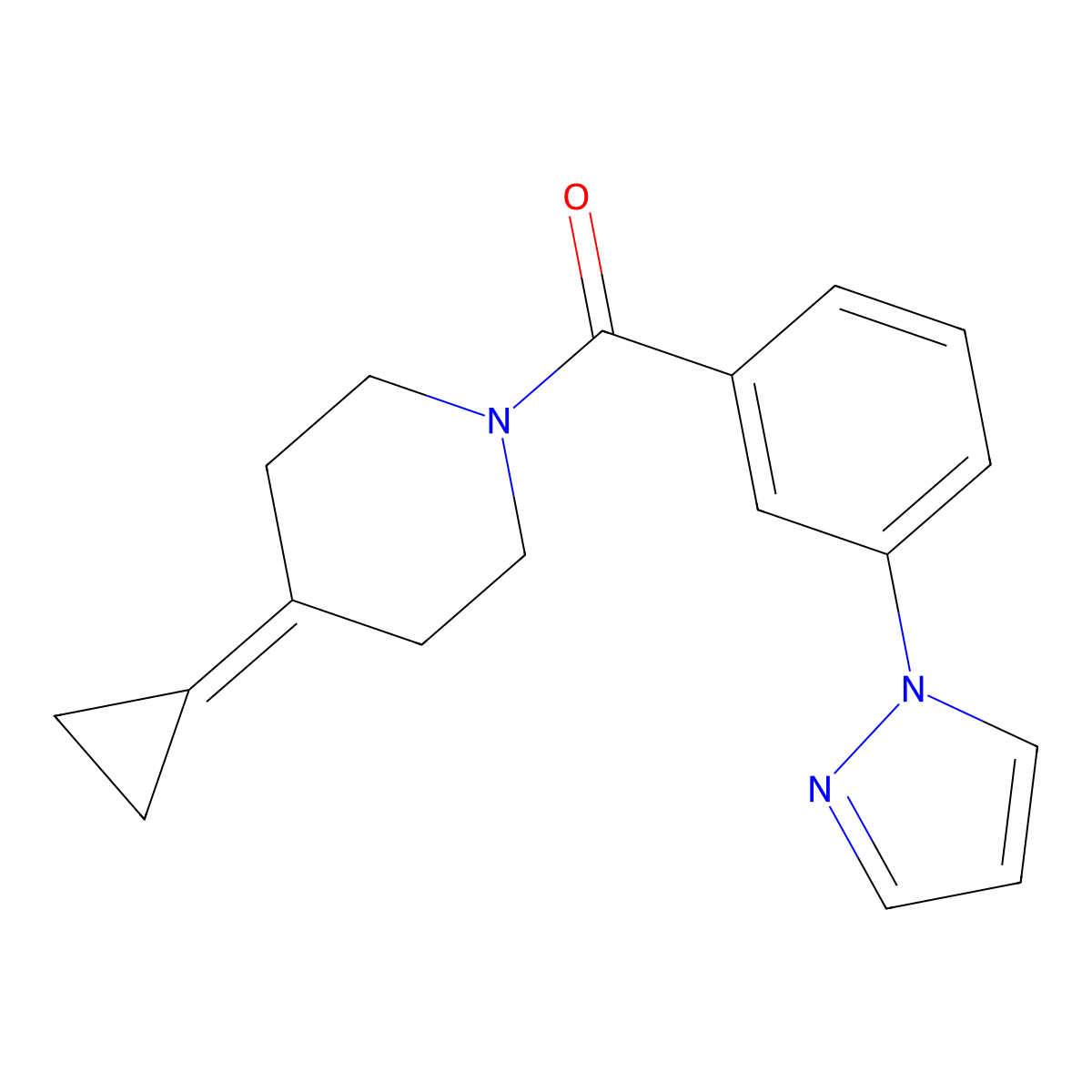 (3-(1H-pyrazol-1-yl)phenyl)(4-cyclopropylidenepiperidin-1-yl)methanone molecular structure, CAS 2097923-47-0