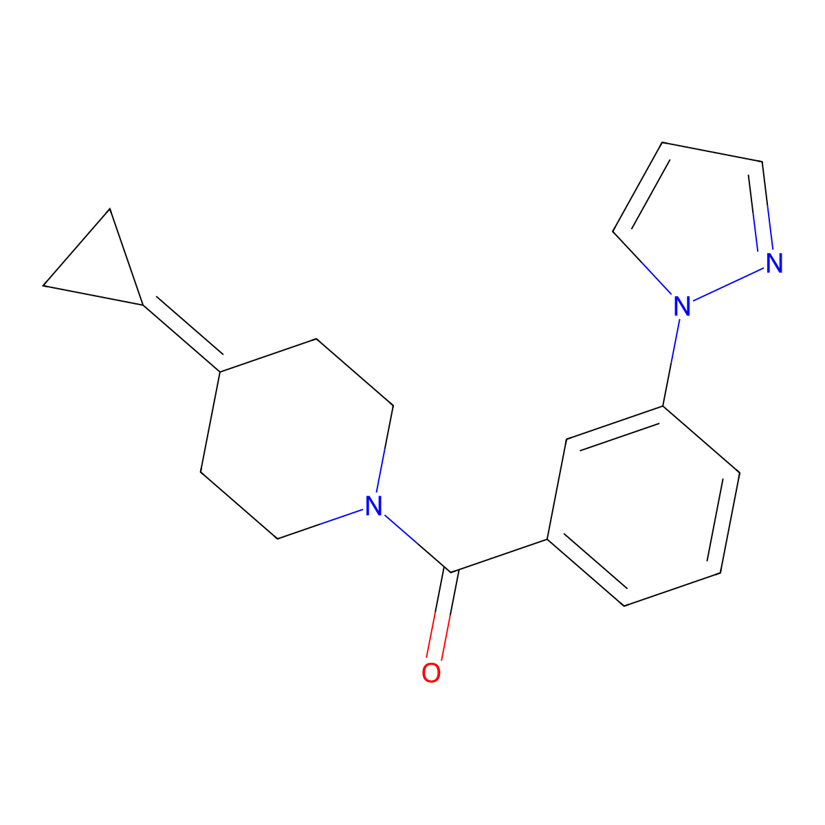 (3-(1H-pyrazol-1-yl)phenyl)(4-cyclopropylidenepiperidin-1-yl)methanone molecular structure, CAS 2097923-47-0