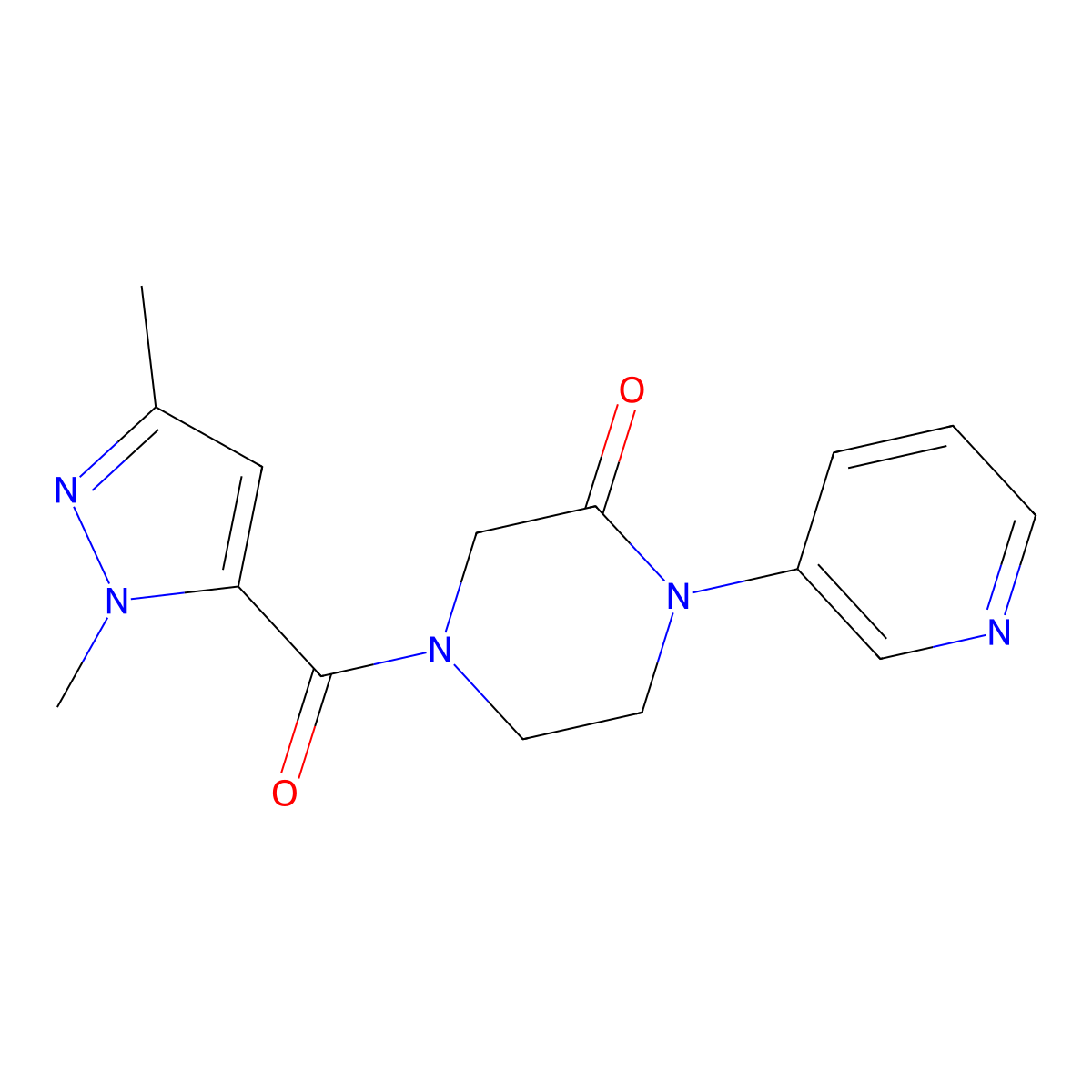 4-(1,3-dimethyl-1H-pyrazole-5-carbonyl)-1-(pyridin-3-yl)piperazin-2-one molecular structure, CAS 2097923-58-3