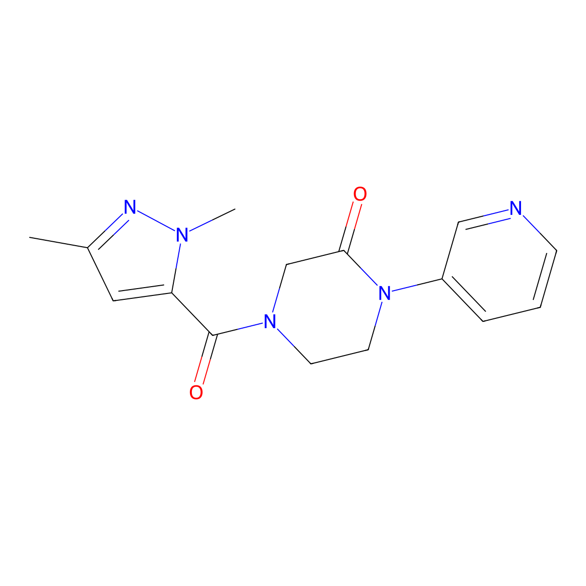 4-(1,3-dimethyl-1H-pyrazole-5-carbonyl)-1-(pyridin-3-yl)piperazin-2-one molecular structure, CAS 2097923-58-3