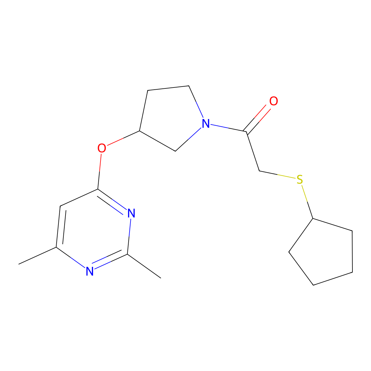 2-(Cyclopentylsulfanyl)-1-{3-[(2,6-dimethylpyrimidin-4-yl)oxy]pyrrolidin-1-yl}ethan-1-one molecular structure, CAS 2097923-73-2