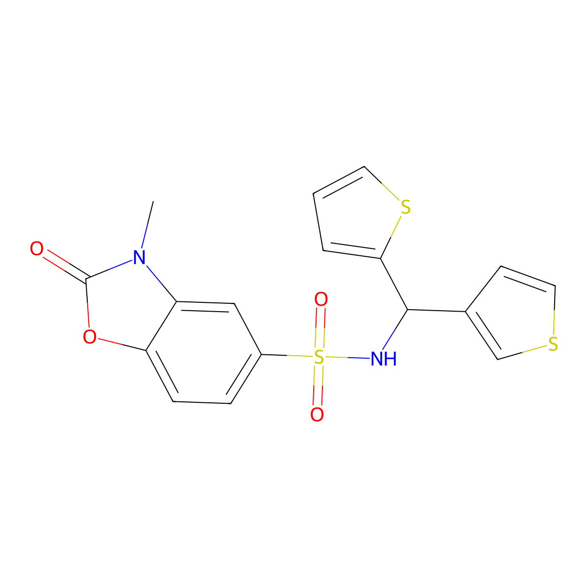 3-methyl-2-oxo-N-[(thiophen-2-yl)(thiophen-3-yl)methyl]-2,3-dihydro-1,3-benzoxazole-5-sulfonamide molecular structure, CAS 2097923-78-7