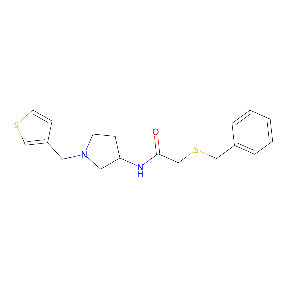 2-(benzylsulfanyl)-N-{1-[(thiophen-3-yl)methyl]pyrrolidin-3-yl}acetamide molecular structure, CAS 2097924-06-4