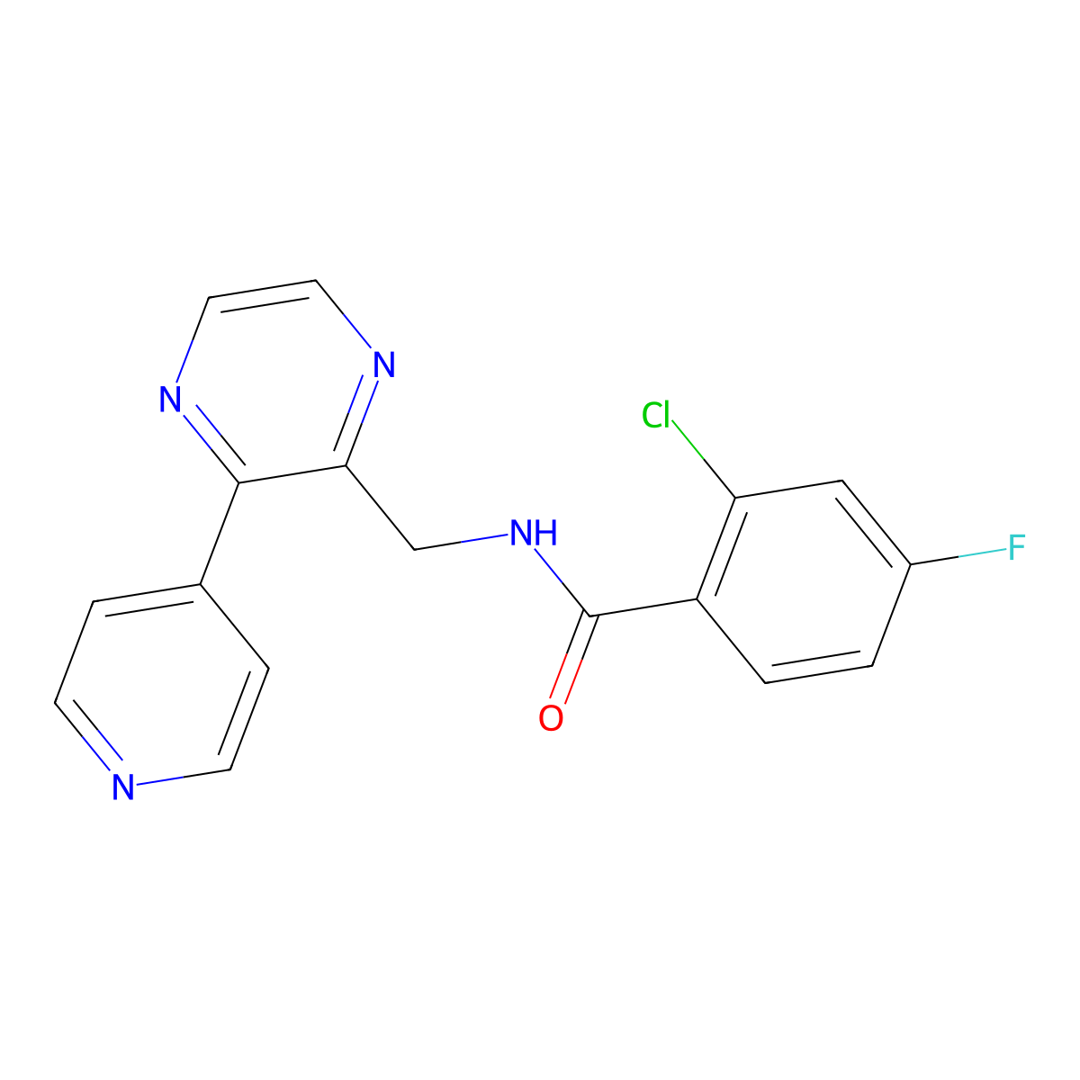 2-chloro-4-fluoro-N-{[3-(pyridin-4-yl)pyrazin-2-yl]methyl}benzamide molecular structure, CAS 2097924-07-5