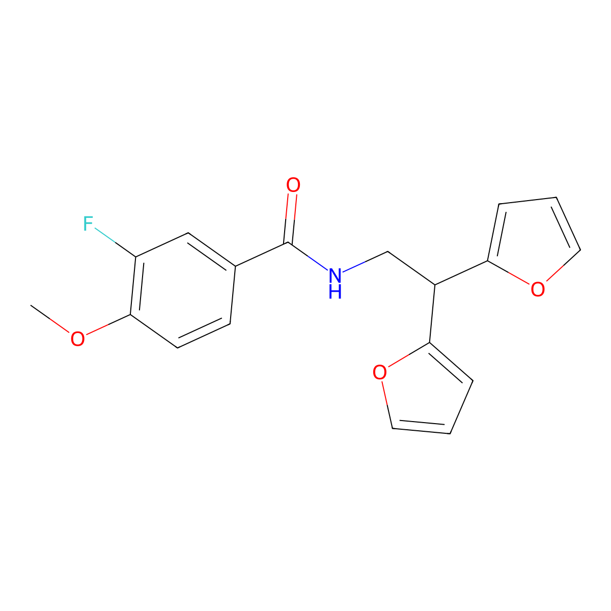 N-[2,2-bis(furan-2-yl)ethyl]-3-fluoro-4-methoxybenzamide molecular structure, CAS 2097924-19-9