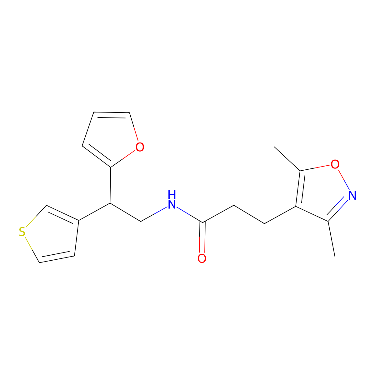 3-(3,5-dimethylisoxazol-4-yl)-N-(2-(furan-2-yl)-2-(thiophen-3-yl)ethyl)propanamide molecular structure, CAS 2097924-21-3