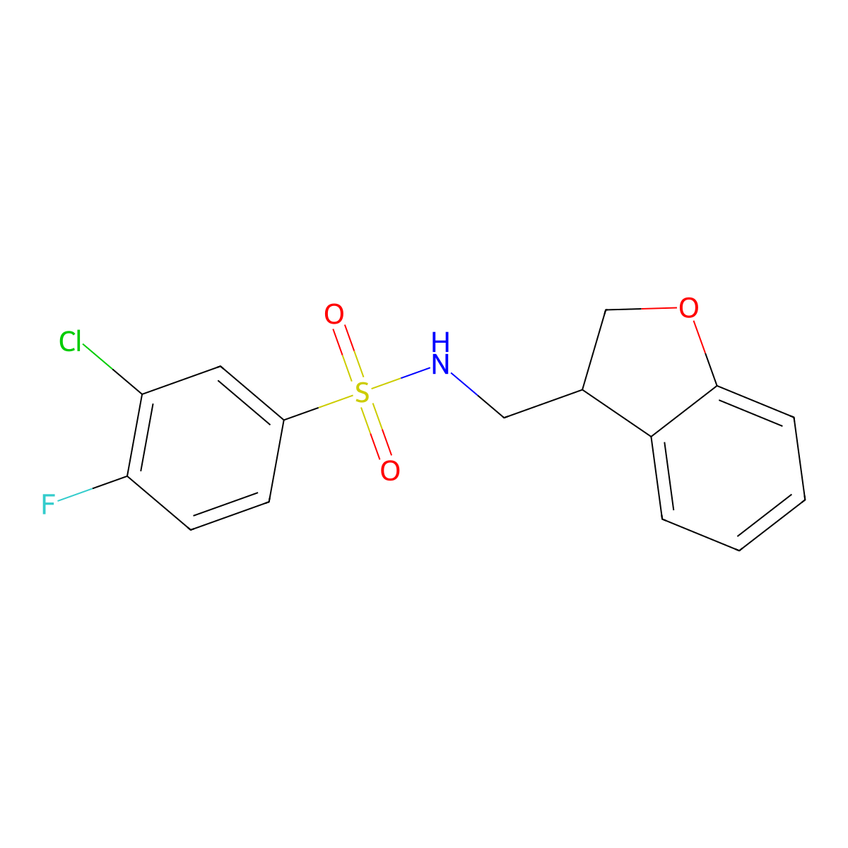 3-chloro-N-[(2,3-dihydro-1-benzofuran-3-yl)methyl]-4-fluorobenzene-1-sulfonamide molecular structure, CAS 2097924-31-5