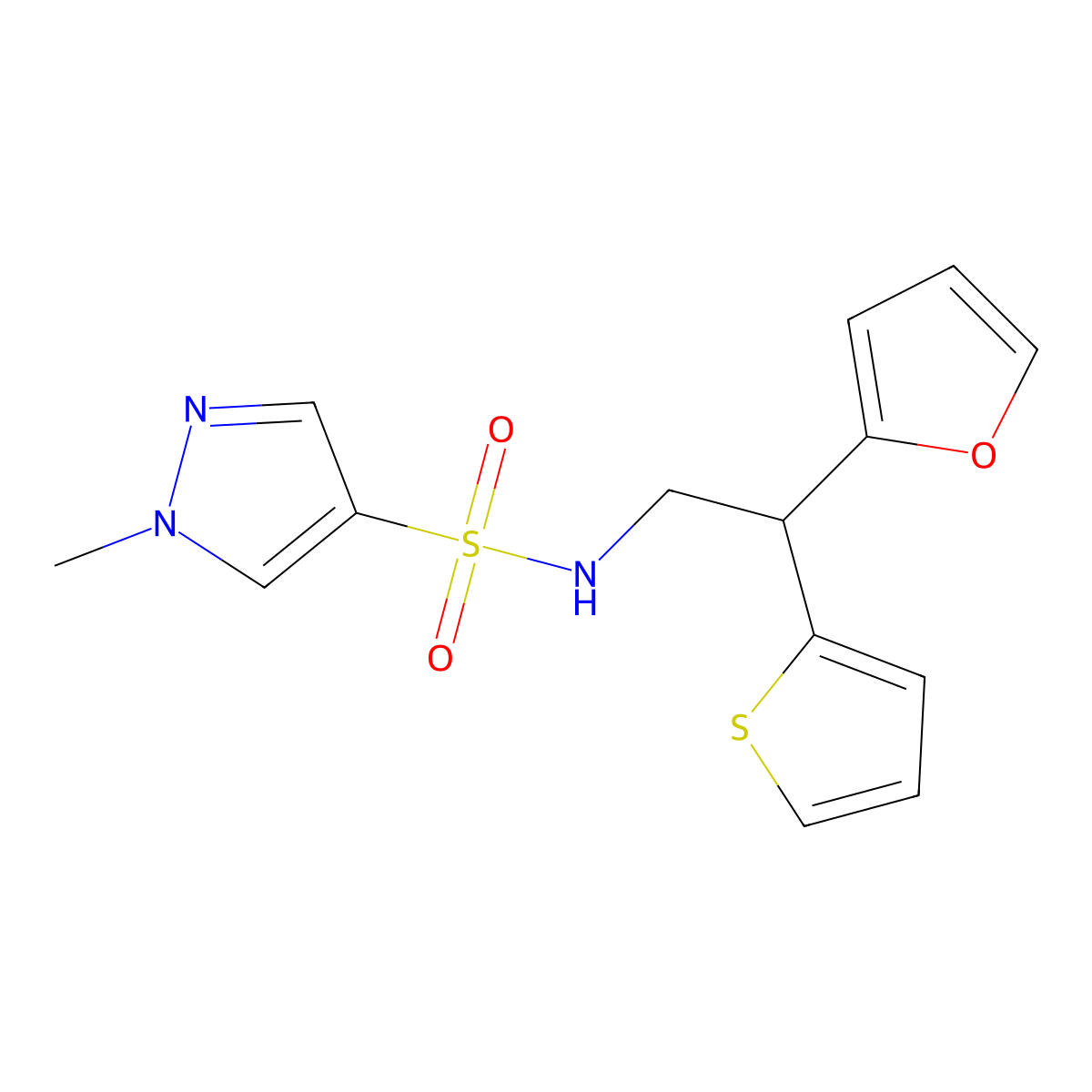 N-[2-(furan-2-yl)-2-(thiophen-2-yl)ethyl]-1-methyl-1H-pyrazole-4-sulfonamide molecular structure, CAS 2097924-41-7