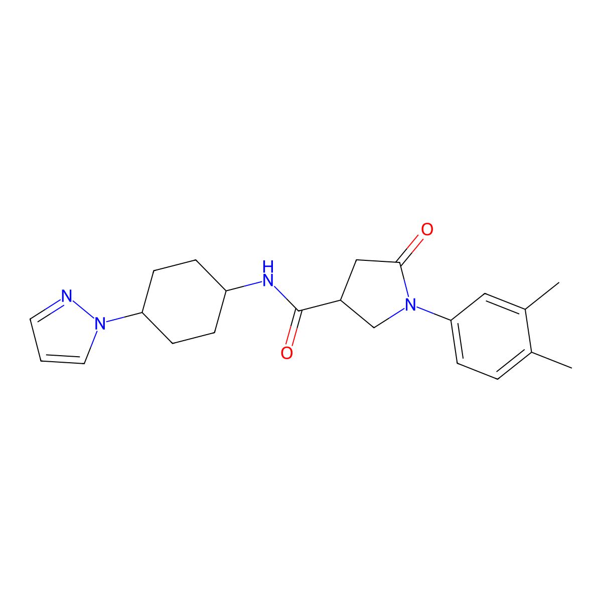 1-(3,4-dimethylphenyl)-5-oxo-N-[4-(1H-pyrazol-1-yl)cyclohexyl]pyrrolidine-3-carboxamide molecular structure, CAS 2097924-42-8