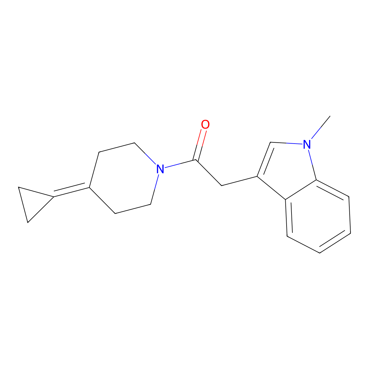 1-(4-cyclopropylidenepiperidin-1-yl)-2-(1-methyl-1H-indol-3-yl)ethanone molecular structure, CAS 2097924-43-9