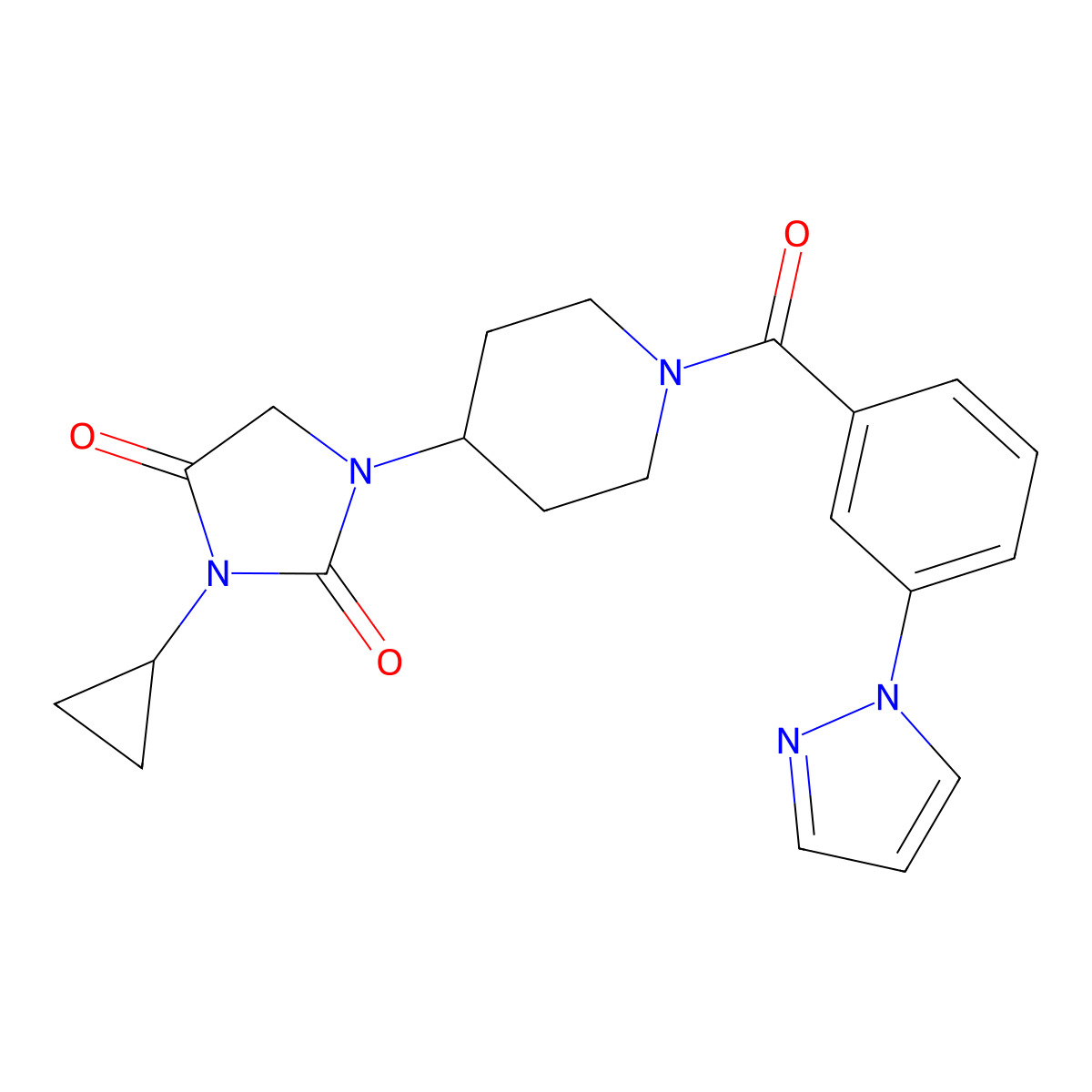 3-cyclopropyl-1-{1-[3-(1H-pyrazol-1-yl)benzoyl]piperidin-4-yl}imidazolidine-2,4-dione molecular structure, CAS 2097924-46-2