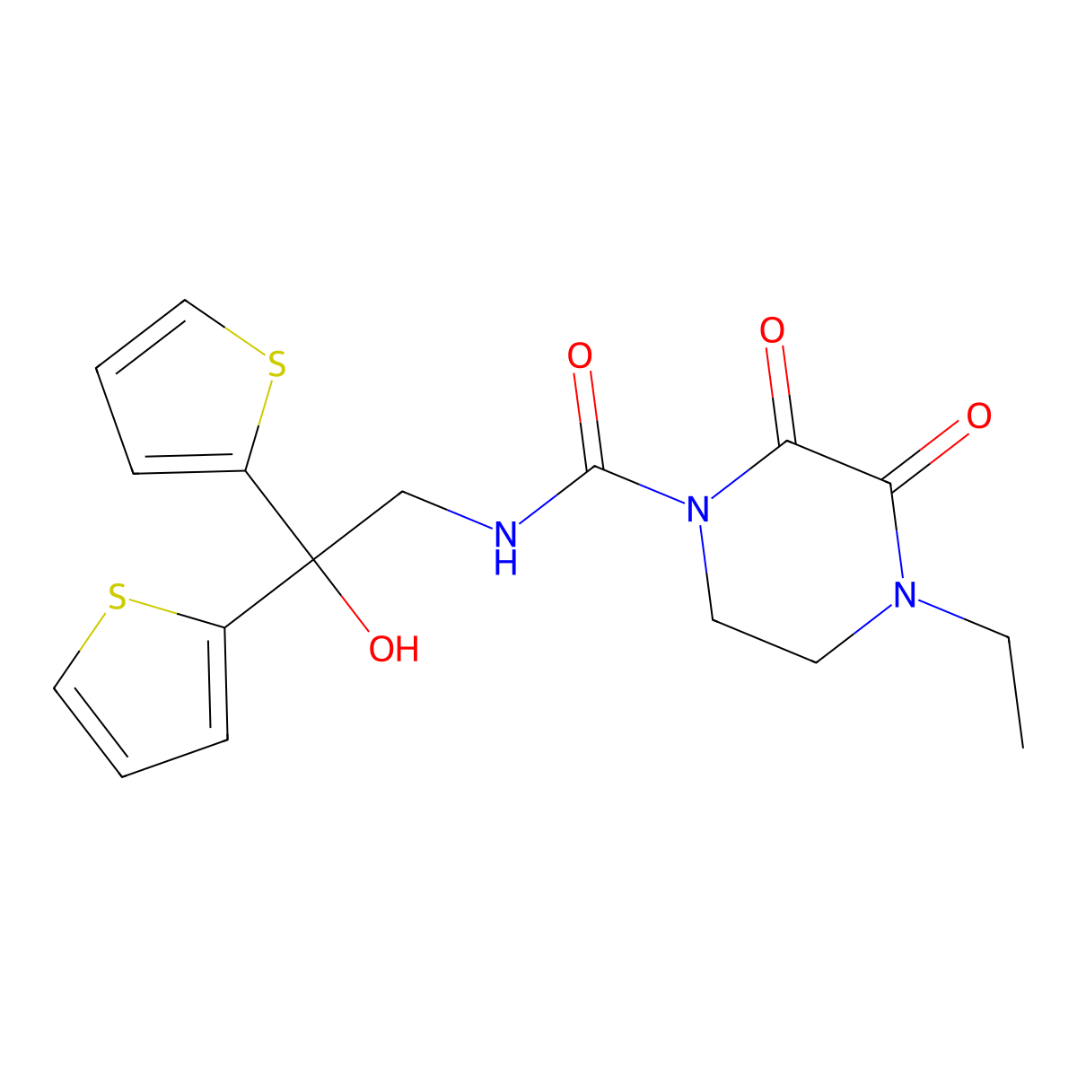 4-ethyl-N-[2-hydroxy-2,2-bis(thiophen-2-yl)ethyl]-2,3-dioxopiperazine-1-carboxamide molecular structure, CAS 2097924-48-4