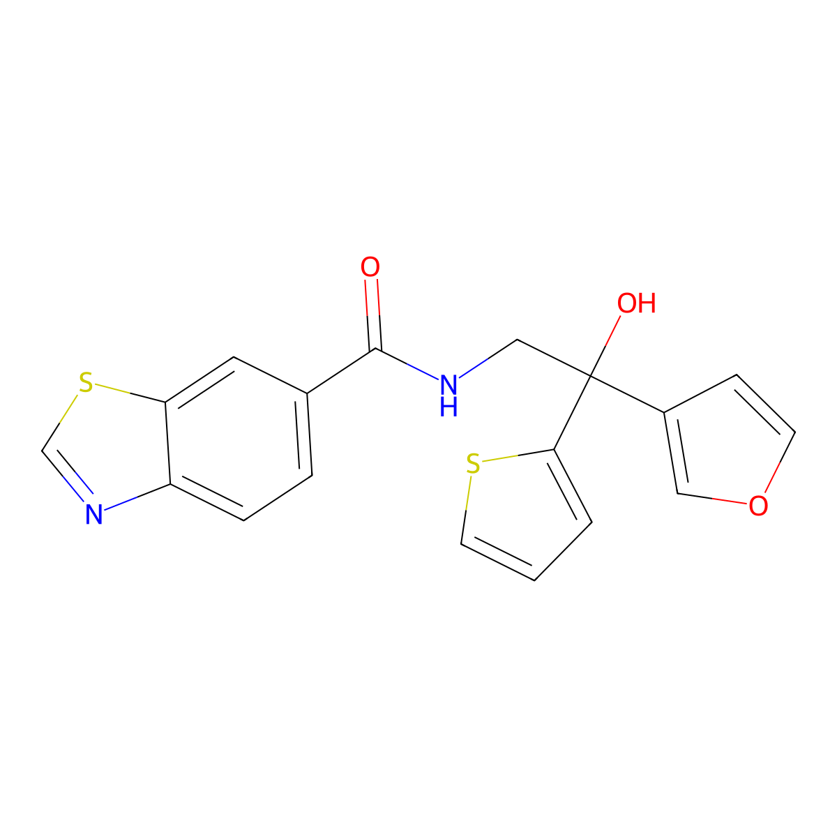 N-[2-(furan-3-yl)-2-hydroxy-2-(thiophen-2-yl)ethyl]-1,3-benzothiazole-6-carboxamide molecular structure, CAS 2097924-54-2