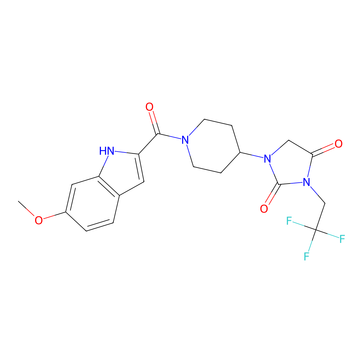 1-[1-(6-methoxy-1H-indole-2-carbonyl)piperidin-4-yl]-3-(2,2,2-trifluoroethyl)imidazolidine-2,4-dione molecular structure, CAS 2097924-64-4