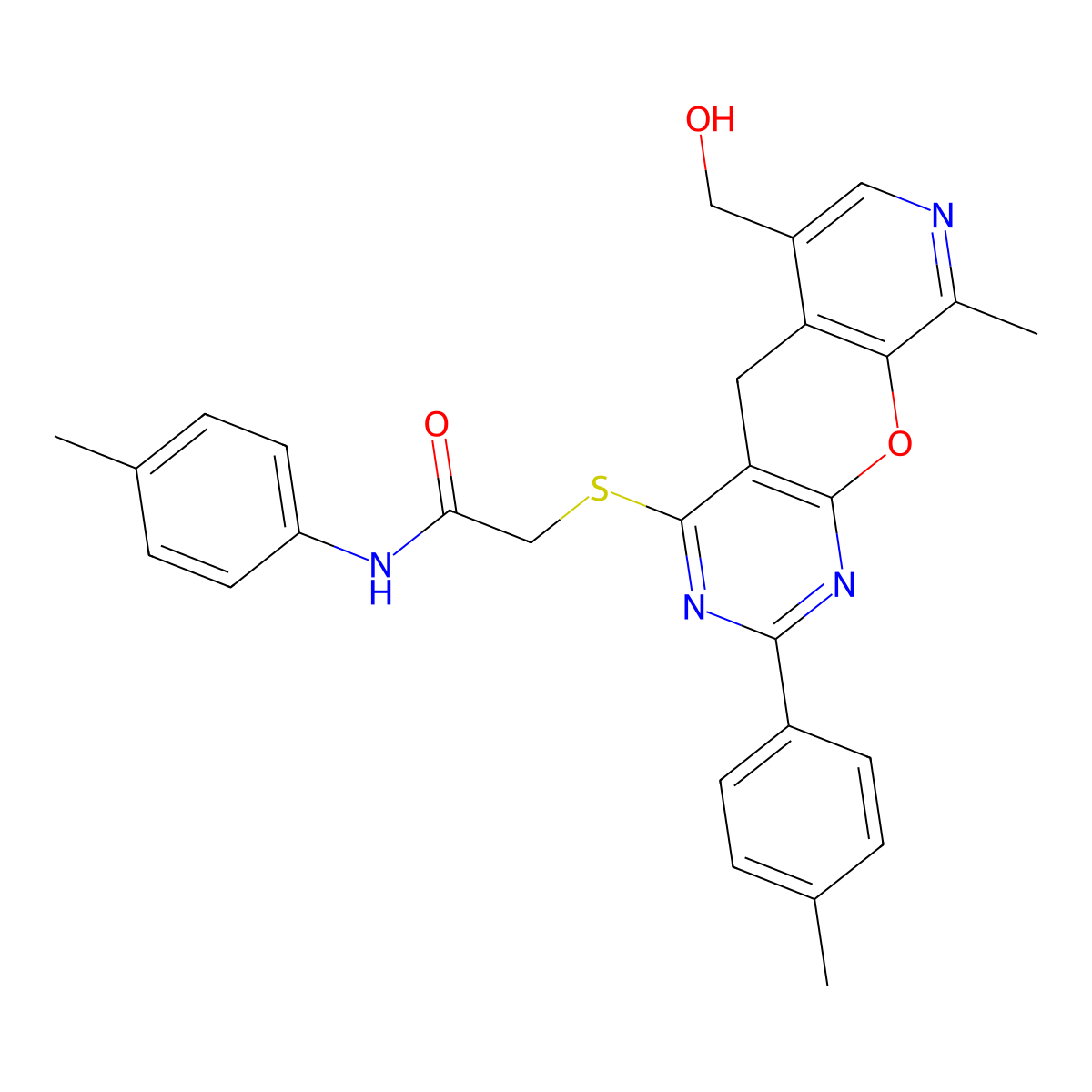 2-{[11-(hydroxymethyl)-14-methyl-5-(4-methylphenyl)-2-oxa-4,6,13-triazatricyclo[8.4.0.0^{3,8}]tetradeca-1(10),3(8),4,6,11,13-hexaen-7-yl]sulfanyl}-N-(4-methylphenyl)acetamide molecular structure, CAS 2097924-72-4