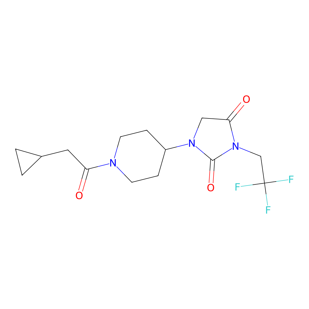 1-[1-(2-Cyclopropylacetyl)piperidin-4-yl]-3-(2,2,2-trifluoroethyl)imidazolidine-2,4-dione molecular structure, CAS 2097924-74-6