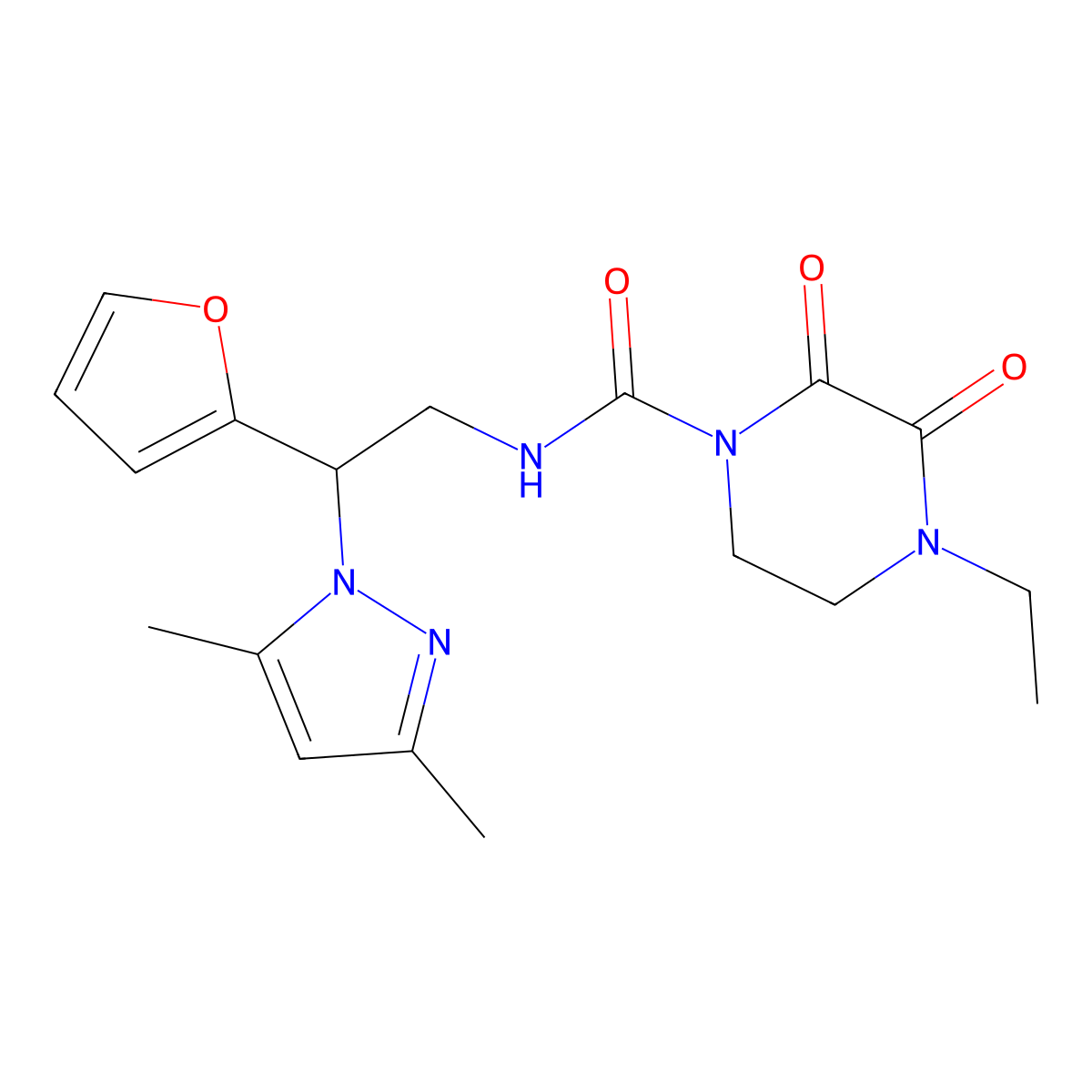 N-[2-(3,5-dimethyl-1H-pyrazol-1-yl)-2-(furan-2-yl)ethyl]-4-ethyl-2,3-dioxopiperazine-1-carboxamide molecular structure, CAS 2097924-78-0
