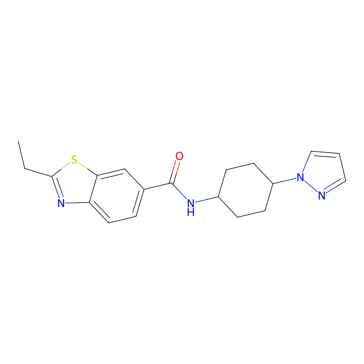 2-ethyl-N-[4-(1H-pyrazol-1-yl)cyclohexyl]-1,3-benzothiazole-6-carboxamide molecular structure, CAS 2097924-83-7