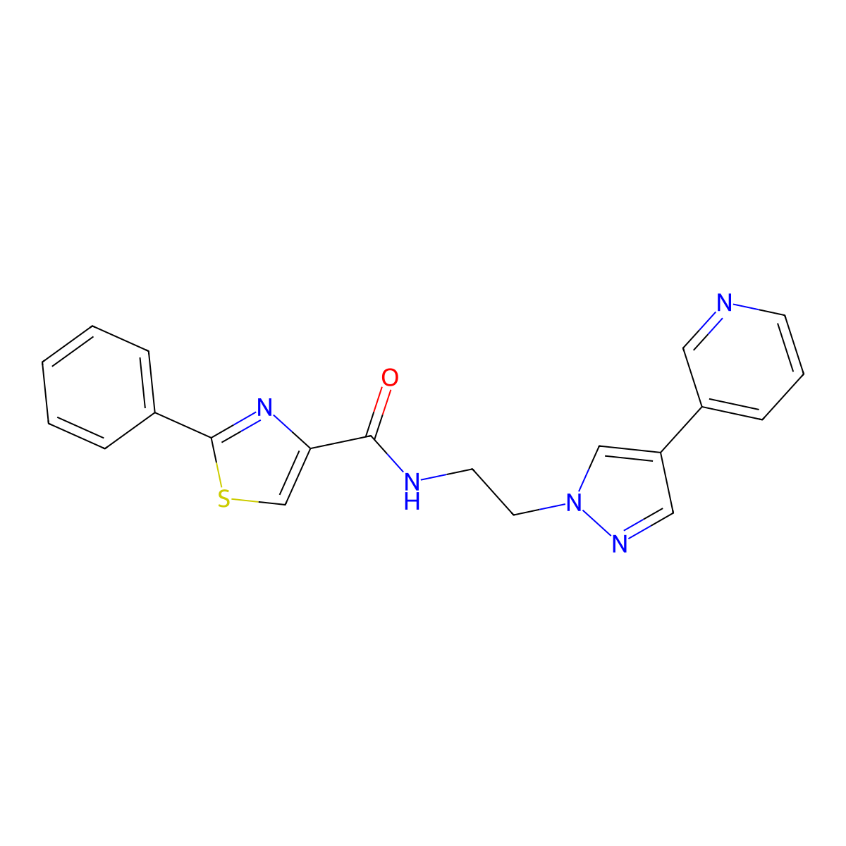 2-phenyl-N-{2-[4-(pyridin-3-yl)-1H-pyrazol-1-yl]ethyl}-1,3-thiazole-4-carboxamide molecular structure, CAS 2097925-01-2