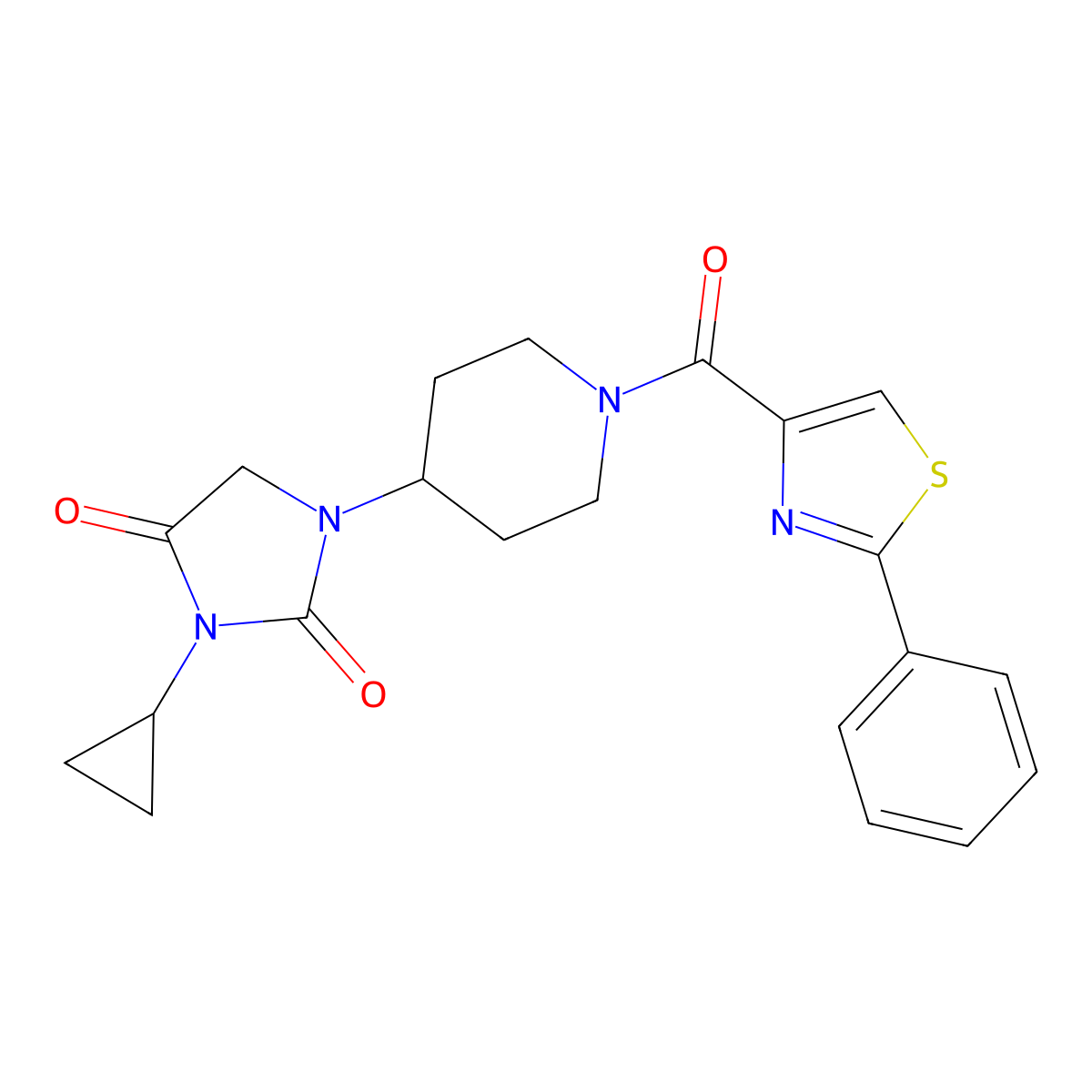 3-Cyclopropyl-1-[1-(2-phenyl-1,3-thiazole-4-carbonyl)piperidin-4-yl]imidazolidine-2,4-dione molecular structure, CAS 2097925-04-5